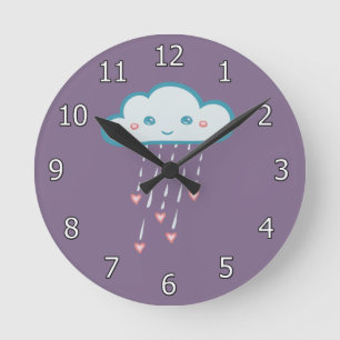 Happy Blue Rain Cloud Raining Pink Hearts Round Clock