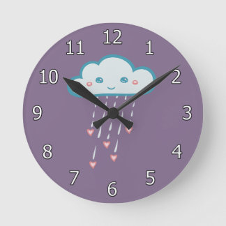 Happy Blue Rain Cloud Raining Pink Hearts Round Clock