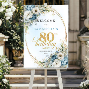 Happy Boho dusty blue gold 80th birthday welcome Poster