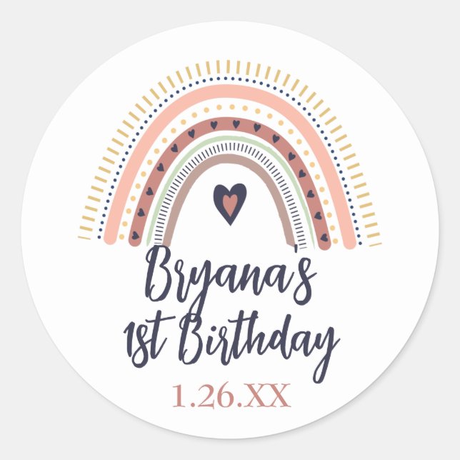 Happy Boho Rainbow Modern Kids Birthday Party    Classic Round Sticker (Front)