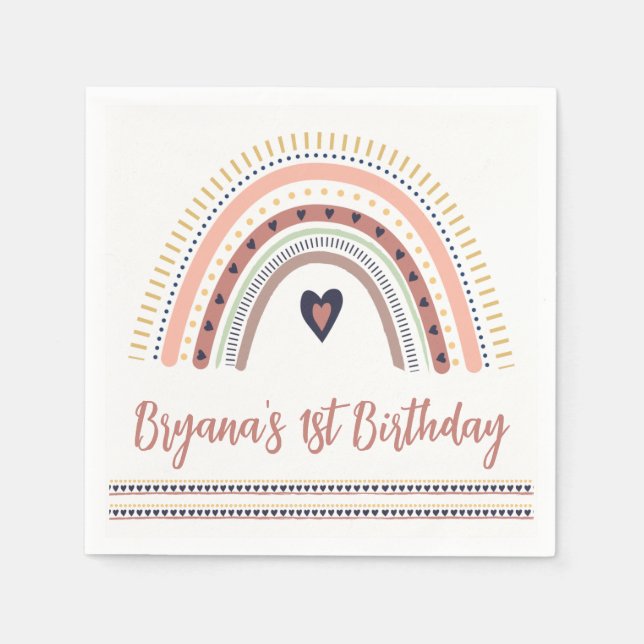 Happy Boho Rainbow Modern Minimal Birthday Party  Napkin (Front)