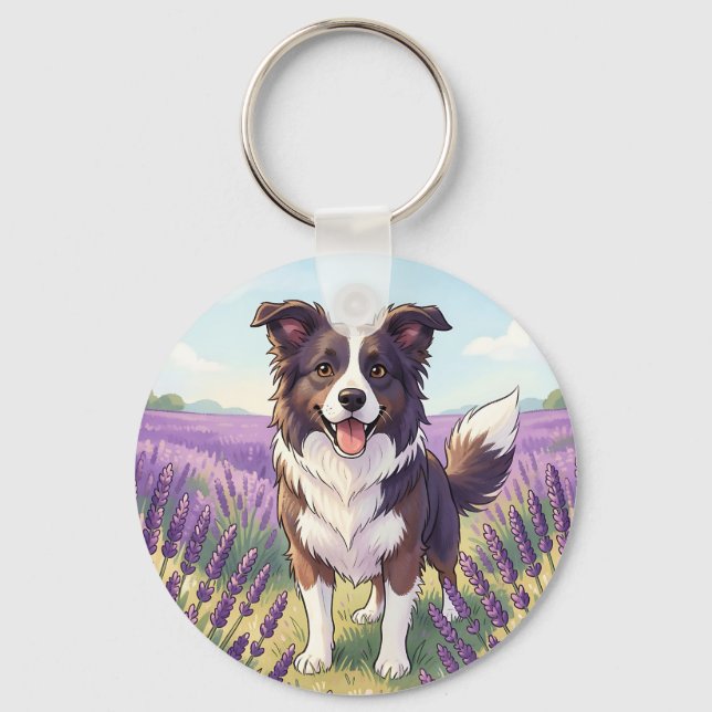 Happy Border Collie Lavender Field Key Ring (Front)