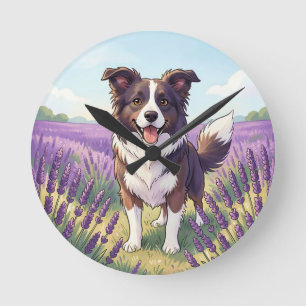 Happy Border Collie Lavender Field Round Clock