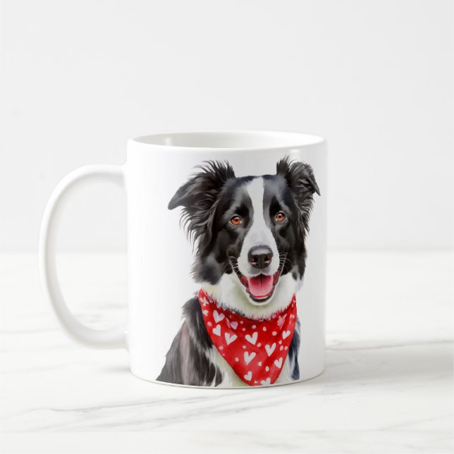 Happy Border Collie Red Heart Bandanna  Coffee Mug (Left)