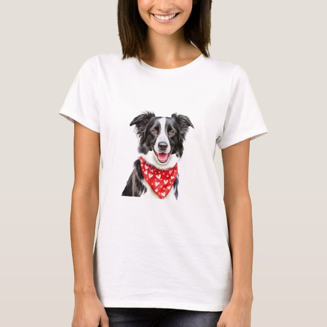 Happy Border Collie with Red Heart Bandanna T-Shirt (Front)