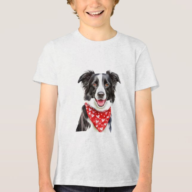 Happy Border Collie with Red Heart Bandanna Tri-Blend Shirt (Front)