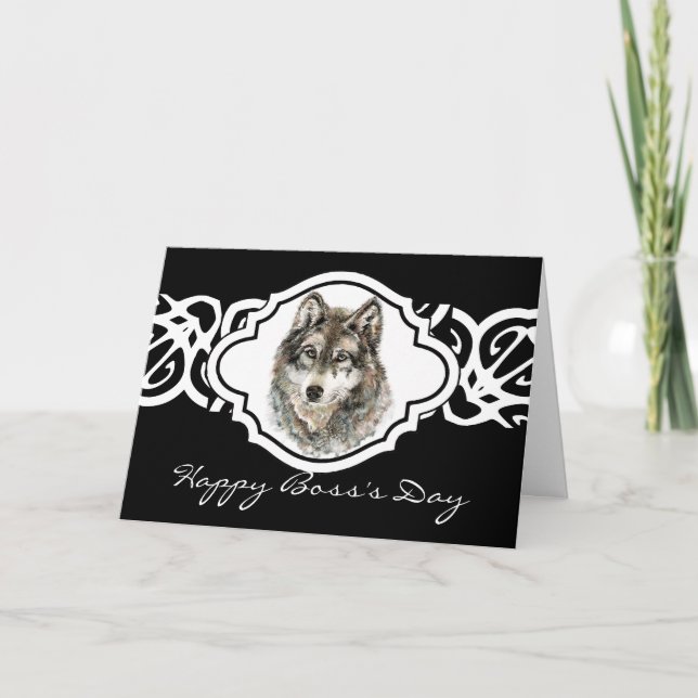 Happy Boss's Day  Watercolor Grey  Wolf- Animal Card (Front)
