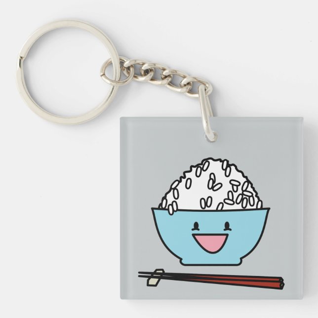 Happy bowl of white rice chopsticks carbs key ring (Front)