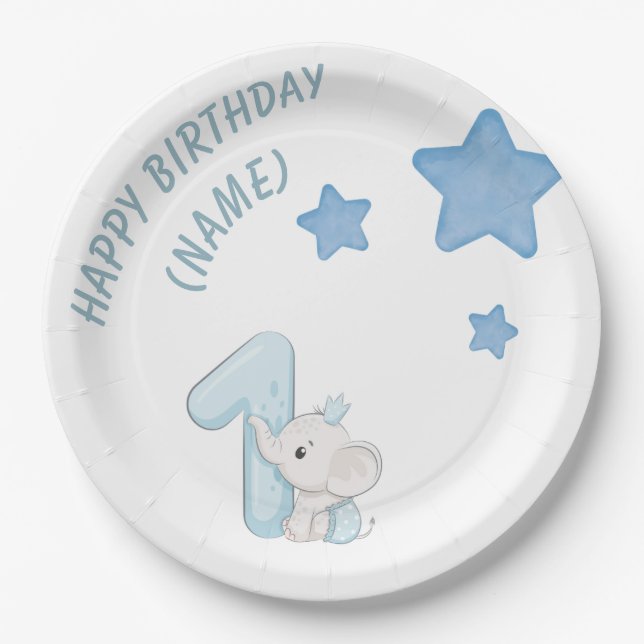 Happy Boy 1st Birthday (Customizable text & Name) Paper Plate (Front)