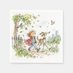 Happy Boy and Dog In City Park Napkin