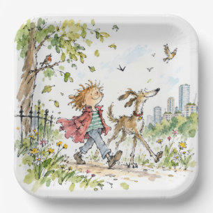 Happy Boy and Dog In City Park Paper Plate