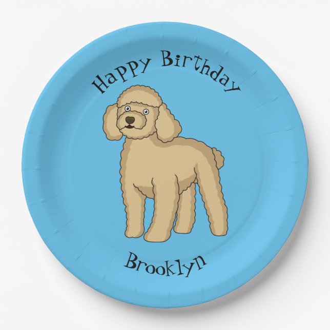 Happy brown poodle cartoon illustration paper plate (Front)