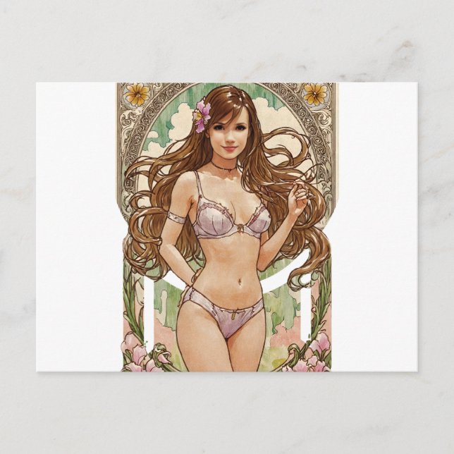 Happy Brunette V2 Mucha Style Art Holiday Postcard (Front)