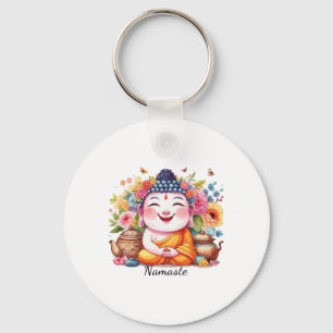 Happy Buddha Yoga Namaste With Tea And Flowers Key Ring