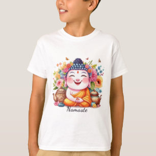 Happy Buddha Yoga Namaste With Tea And Flowers  T-Shirt