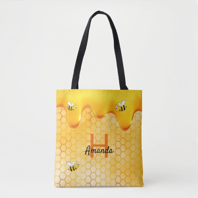 Happy Bumble bees honeycomb honey dripping name Tote Bag (Front)