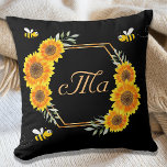 Happy bumble bees sunflowers black couple monogram cushion<br><div class="desc">A chic black background. With a faux gold geometric frame.  Decorated with watercolored yellow and orange sunflowers,  greenery and happy smiling bumble bees.  Personalise and add your monogram letters,  initials. Your family name's initial in the middle with a capital letter. Golden letters.  Perfect for your summer home!</div>