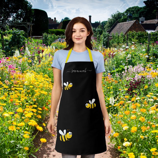 Happy bumble bees yellow black monogram chic apron (Creator Uploaded)