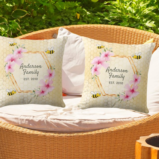 Happy Bumble bees yellow honeycomb family name Cushion (Creator Uploaded)
