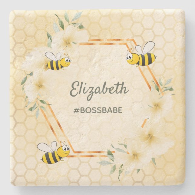 Happy bumble bees yellow honeycomb fun humour stone coaster (Front)