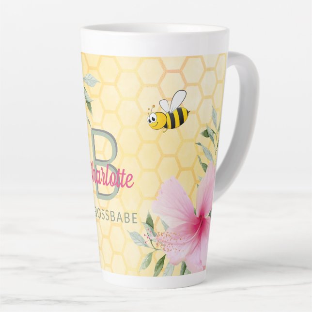 Happy bumble bees yellow honeycomb pink bossbabe latte mug (Right Angle)