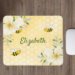 Happy bumble bees yellow honeycomb summer name mouse pad<br><div class="desc">Yellow,  white background with a honeycomb pattern. Decorated with light yellow,  cream coloured tropical florals flowers,  hibiscus and happy bumble bees. Your name written with a green hand lettered style script. Perfect for your summer home work space,  office!</div>