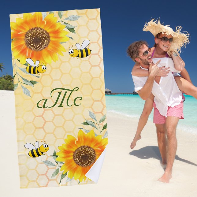 Happy bumble bees yellow sunflower couple monogram beach towel (Creator Uploaded)