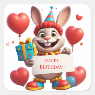 Happy Bunny Birthday Party With Balloons 🎁 Square Sticker