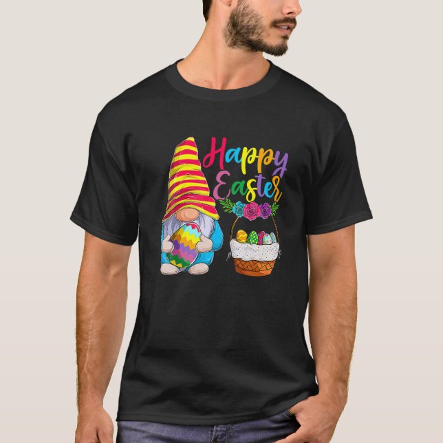 Happy Bunny Easter Gnome , Funny Rabbit Egg Basket T-Shirt (Front)