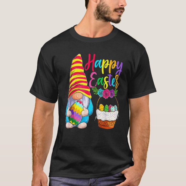 Happy Bunny Easter Gnome  Funny Rabbit Egg Basket  T-Shirt (Front)