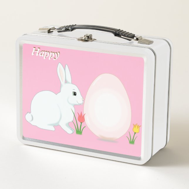 Happy bunny, egg and flowers on pink metal lunch box (Front)
