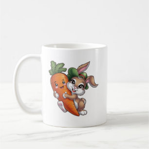 Happy bunny with a giant carrot coffee mug