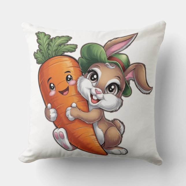 Happy bunny with a giant carrot cushion (Front)