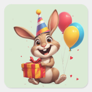 🎁 Happy Bunny With Balloons And Gift Square Sticker