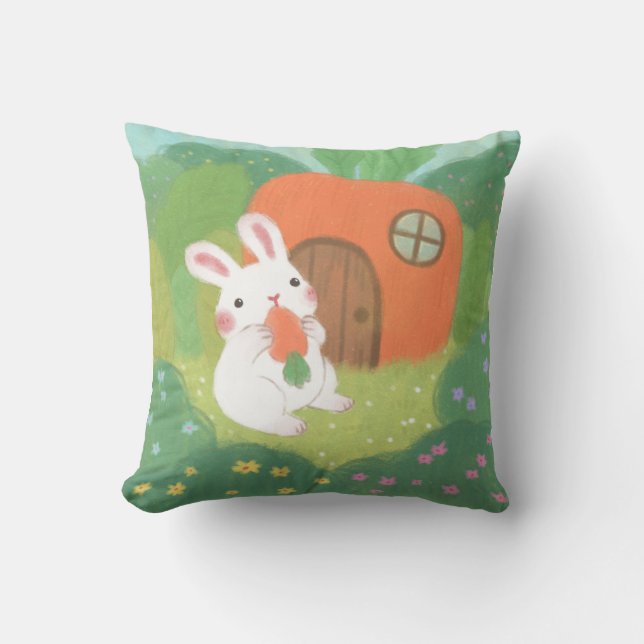 Happy Bunny with Carrot in Forest Cushion (Front)