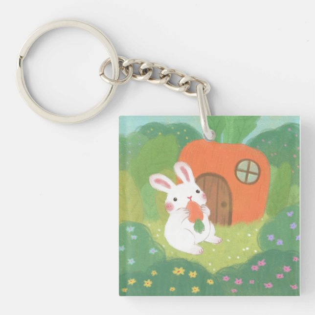 Happy Bunny with Carrot in Forest Key Ring (Front)