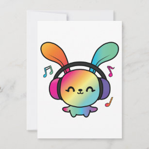 Happy Bunny with headphones listening to music.  Card