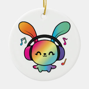 Happy Bunny with headphones listening to music. Ceramic Tree Decoration
