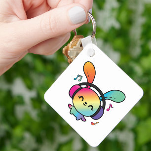 Happy Bunny with headphones listening to music.  Key Ring