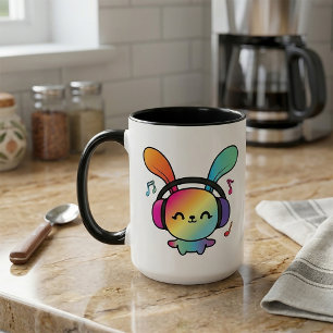 Happy Bunny with headphones listening to music. Mug