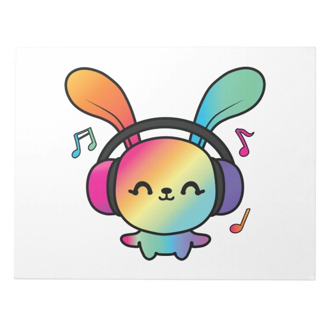 Happy Bunny with headphones listening to music.  Notepad (Front)