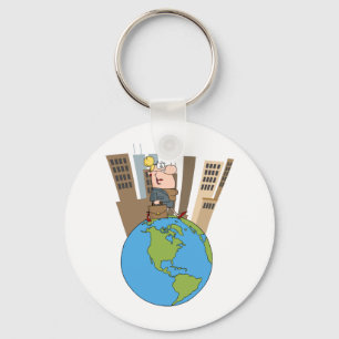 Happy Business Woman Walking Around Globe Key Ring