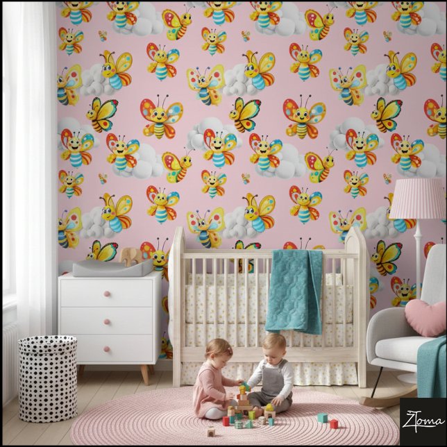 Happy Butterfly Cloud Sky Pattern - pink Wallpaper (Creator Uploaded)