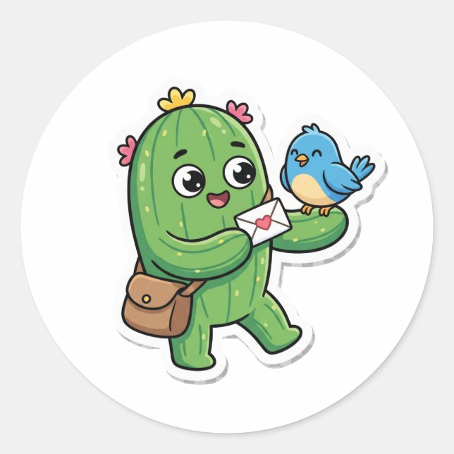 Happy Cactus Mail Carrier Cute Die-Cut Sticker (Front)