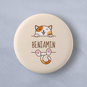 Happy Calico Cat Peeking behind Custom Name 6 Cm Round Badge