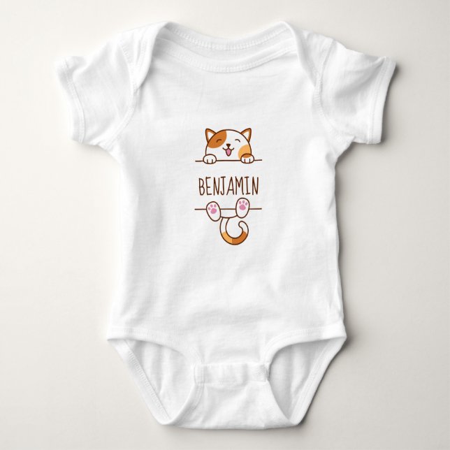 Happy Calico Cat Peeking behind Custom Name Baby Bodysuit (Front)