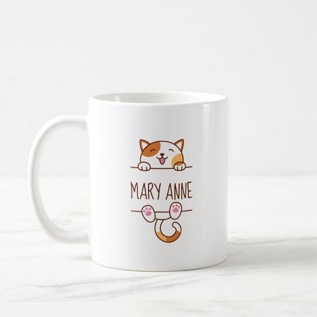 Happy Calico Cat Peeking behind Custom Name Coffee Mug (Left)