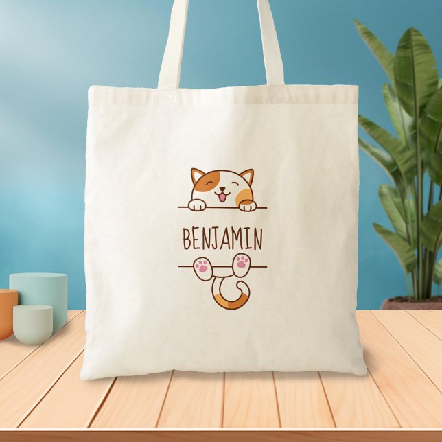Happy Calico Cat Peeking behind Custom Name Tote Bag (Creator Uploaded)
