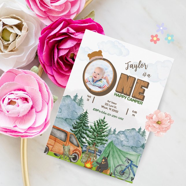 Happy Camper 1st Birthday Invite (Boy, Photo) (Camper 1st Birthday Invitation Template)