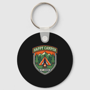 Happy camper badge tent mountain campfire vintage key ring